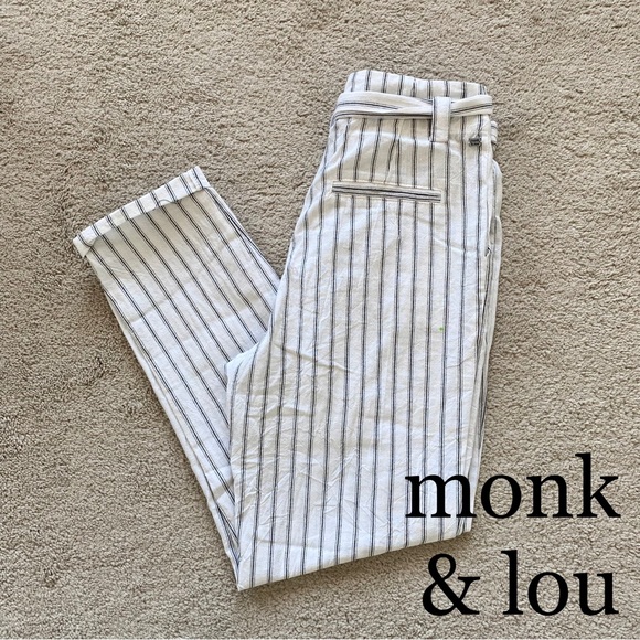 BNWT Monk & Lou White High Rise Pinstripe Paperbag Waist Pants - Picture 1 of 14